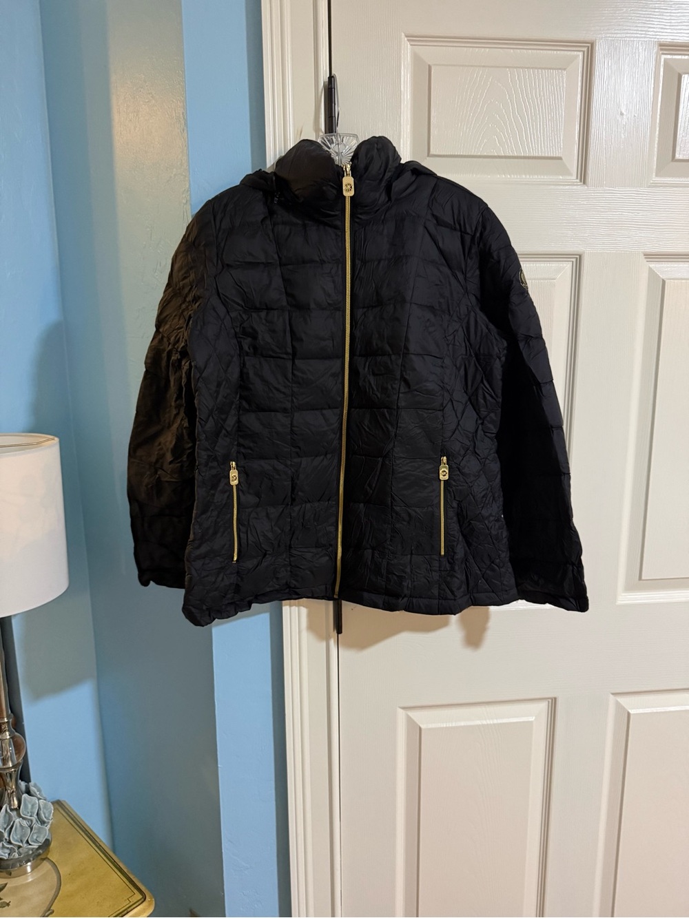 Michael Kors Black Quilted Hooded Puffer with Gold Zippers
